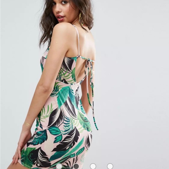 ASOS Mini Sundress With Cut Out Front In Pink Palm Print - Picture 4 of 5